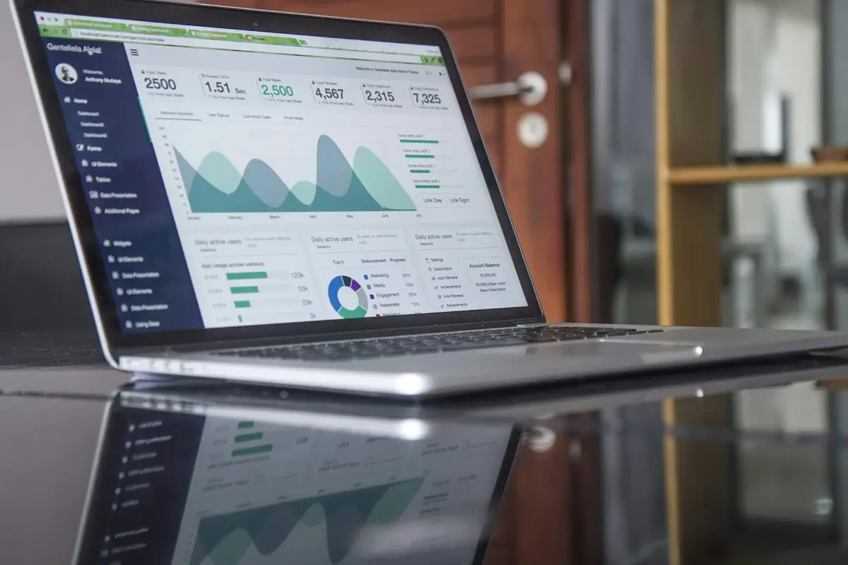 A laptop showing charts on a desk