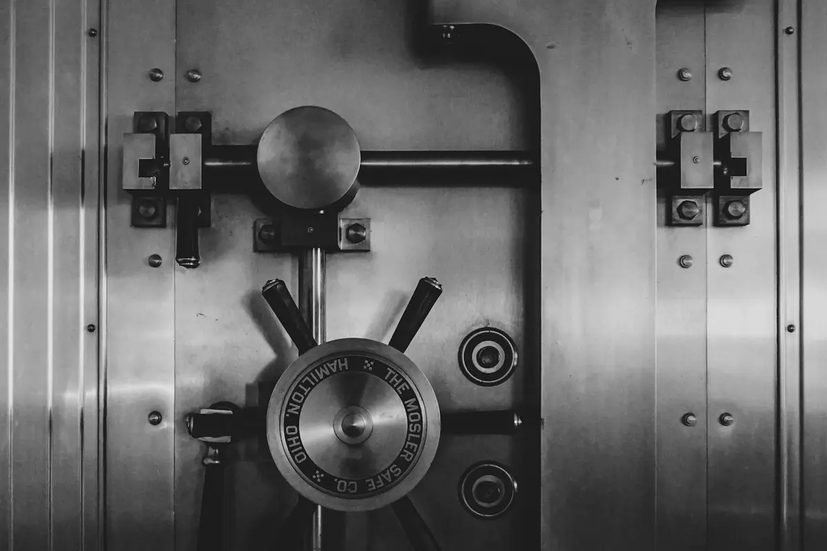 The locked steel door of a safe